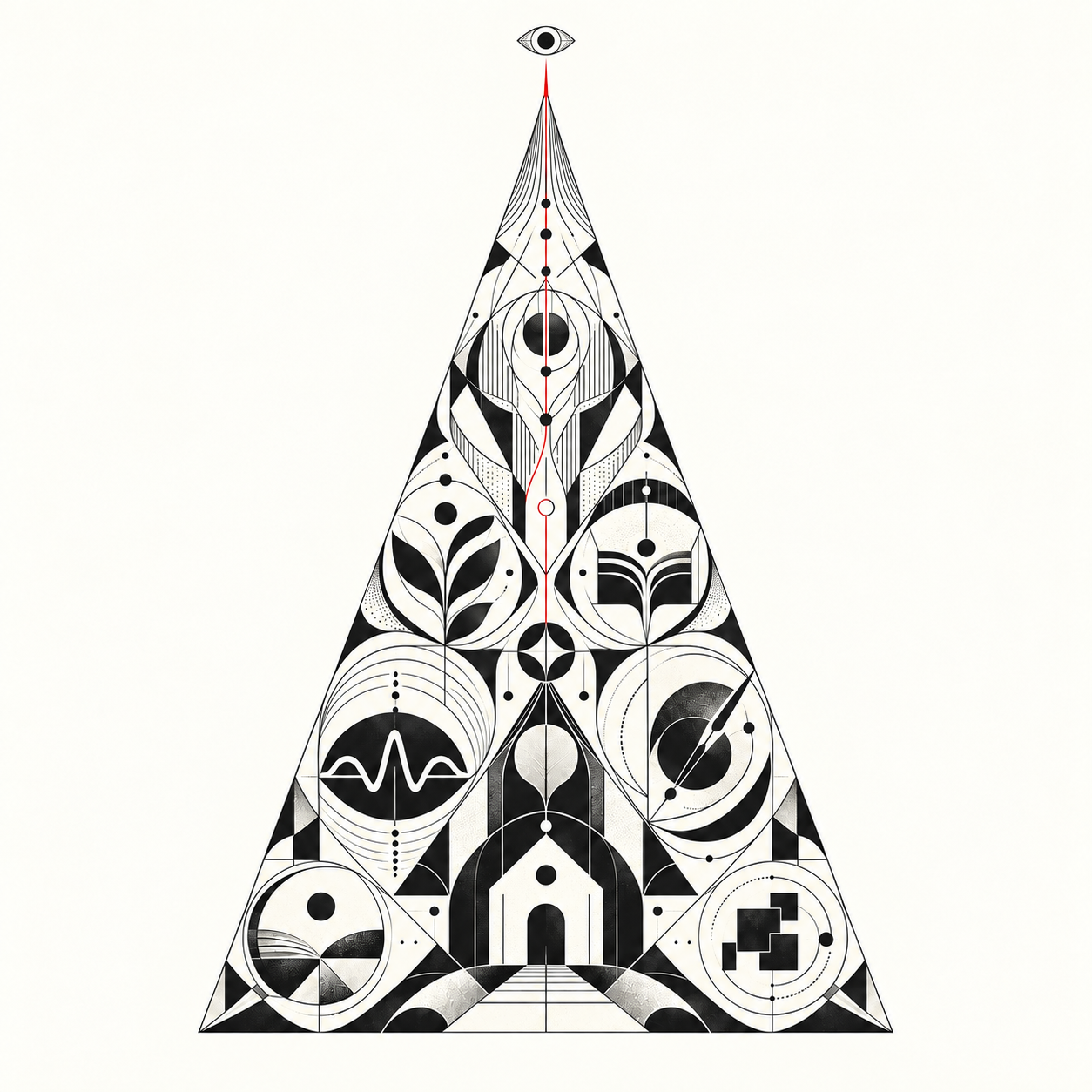 Symbols for the different parts of life form one sharp triangle. A red thread connects them and converges at a single point, beneath a small observing eye.